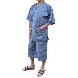 リトルアイランド Japan cool jinbei yukata men's half-sleeved Takashima Chijimi Japan Cotton top and bottom Blue S