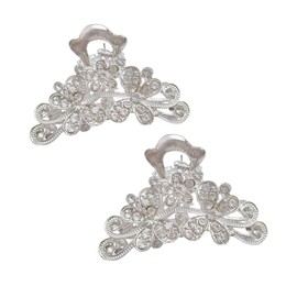 2PCS 2.4 inch Silver Tone Vintage Metal Hair Jaw Crystal Rhinestone Claw Clip Pins Fashion Flowers Hair Catch Barrette