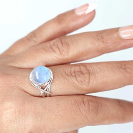 Jeweloporium 925 Silver Ring for Women Size O White Genuine Rainbow Moonstone Gemstone Solitaire Silver Ring Wedding Gift Costume Jewelry