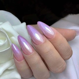 Ombre Press On Nails - Medium Almond Chrome False Nails with Purple Gradient Design - Glossy Full Cover Glue Ons - 24pcs