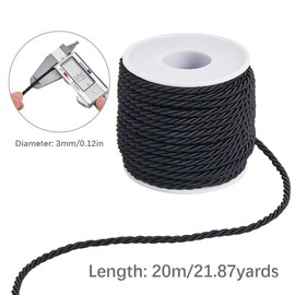 SOFPLATE 22 Yards/20 m Twisted Cord Ribbon Decorative Rope Crew 3 mm Black Polyester 3 Layer Silk Cord Twisted Cord Closure and Honor Cords for Home Decoration Costume Craft Bags