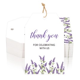 jijAcraft Lavender Thank You Tags with String - 50Pcs Purple Floral Wedding Party Favor Tags, 3.3x2.1 Inch White Paper Gift Hangtag, Thank You for Celebrating with us Tag for Bridal, Baby Shower