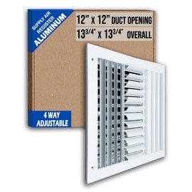 Fits 12x12 Duct Opening Aluminum 4-Way Adjustable Air Supply Grille by Handua | Curved Blade Register Vent Cover for Sidewall & Ceiling | White | Outer Size: 13.75" X 13.75"