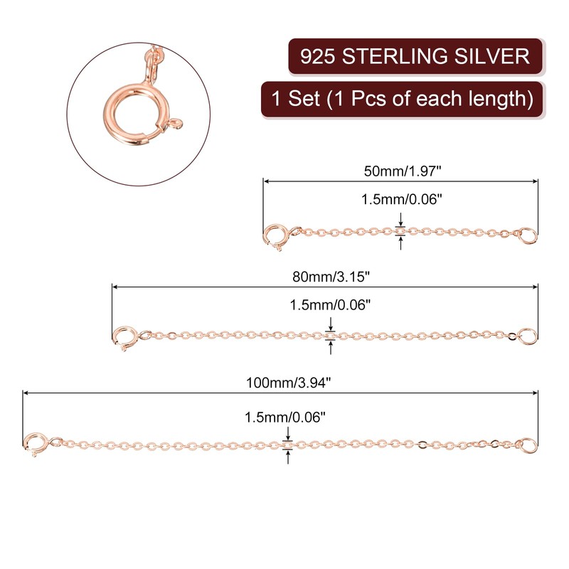 sourcing map 1 Set Chains Extenders 925 Sterling Silver 50mm/80mm/100mm