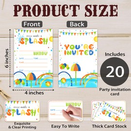 Splash Pad Birthday Invitation, Party Invitations for Boys, Girls, Kids, Teens,‘Come Make A Splash’ Summer Water Park Party Favors Decor and Supplies, 20 Set with 20 Envelopes 4x6 Inch