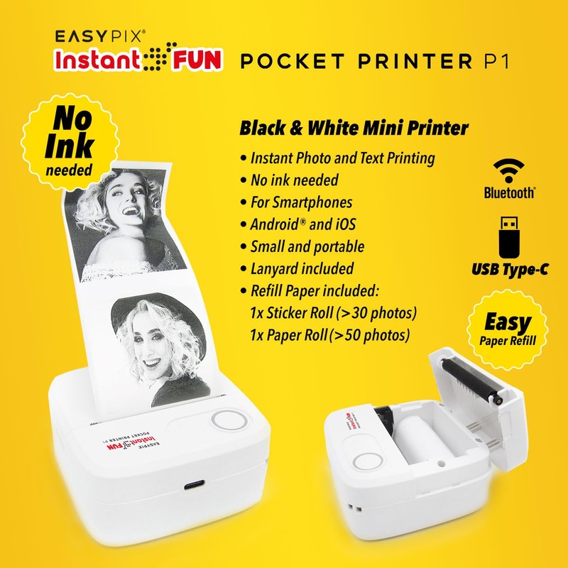 Easypix InstantFUN Pocket Printer P1 Mobile Mini Printer, Black and