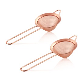 Small Strainer Set of 2, E-far 3.3 Inches Stainless Steel Fine Mesh Sieve with Long Handle, Metal Conical Strainers for Tea Cocktail Coffee Food, Rust Proof & Easy to Clean (Copper)
