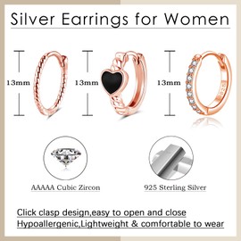 Loutade Silver Hoop Earrings for Women, 3 Pairs 925 Sterling Silver Hoop Earrings Set With Zircon, Hypoallergenic CZ Small Cartilage Rose Gold Sleeper Huggie Earrings Jewelry Gift for Christmas