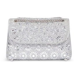 DEEVORCA Women Shoulder Bags Fashion Crossbody Bag Chain Shoulder Strap Flap Design With Rhinestones Party Travel Ladies Messenger Bag Waterproof PU Silver