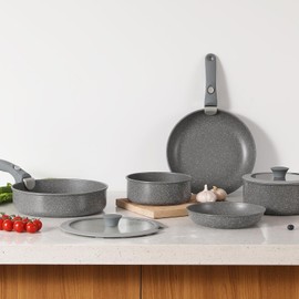 Florosa Ceramic Pots and Pans Set Non Stick with Removable Handle Detachable Handle Pots Pans, 9pcs Nonstick Cookware Set Non Toxic PFAS/PTFE Free Grey