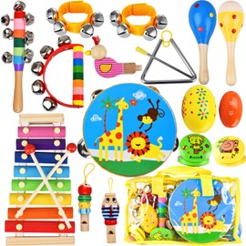 INLAIER Kids Musical Instruments Set, 20 Pcs Toddler Wooden Percussion Instruments for Baby Children with Tambourine Xylophone Maracas, Preschool Musical Toys Set for Boys and Girls with Carrying Bag