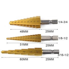 3 Piece Step Drill Bit Set, High Speed Steel, 1/4"-3/4", 1/8"-1/2", 3/16"-1/2" Taper Drill, Hole Cutter with 1/2" 4" Hex Shank for Wood, Aluminum