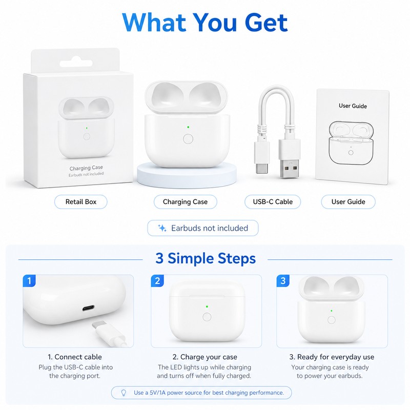Replacement Charging Case for Select AirPods – Portable Earbud Charger