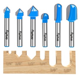 Flytuo 6Pcs 1/4" Shank Carbide 90 Degree V-Groove and Round Nose Groove Router Bit Set 3D CNC Signmaking Lettering Engraving Cutter Woodworking Carving Cutting Tool