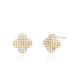 QUKE Golden Four Leaf Clover Simulated Pearl Stud Earrings Elegant Earrings for Women Girls Pierced, Zinc