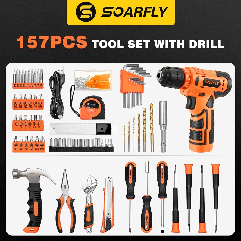 157-Piece Tool Set, 8V Cordless Drill Set, Hand Tool Kit