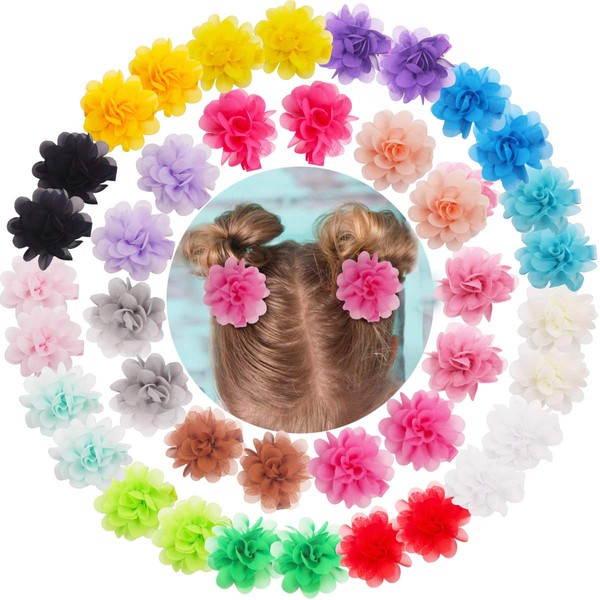40pcs Chiffon Flower Baby Girl Hair Clips 2" Tiny Baby Flowers Hair Clips Ribbon Lined Clips for Infants Toddlers Kids