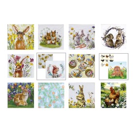 Assorted Bunny Easter Napkins - 12 Styles, 6.5 Inch - Pretty Paper Napkins for Decoupage, Dinner, Rabbit, Chicken, Egg Designs