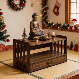 BIRDFBA Floor Table, Altar Low 2-Tier Meditation Table with Drawers Bamboo Coffee Table for Sitting Japanese Tatami