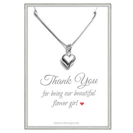 Flower Girl Gift Necklace Tiny Sterling Silver Puffed Heart Necklace for Girls Thank You Gift for Daughter Niece Flower Girls 14 inches Adjustable