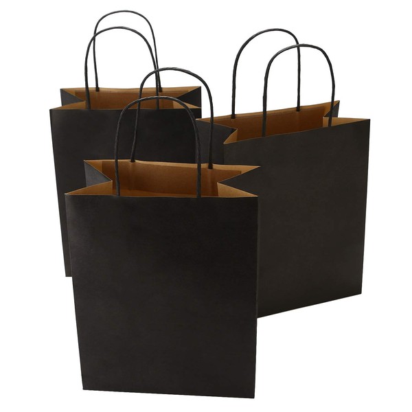 Ronvir 50Pcs Black Gift Bags 8x4.75x10.5 Inches Black Paper Bags Medium Recycled Kraft Bags For Christmas, Halloween, Business, Retail, Shopping, Wedding