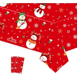Christmas Table Cloth, Red Snowman Christmas Disposable Plastic Xmas Tablecloth, 2 pack 137x274cm Rectangular Party Table Cover for Christmas and New Year Party Decoration (Option2_red)