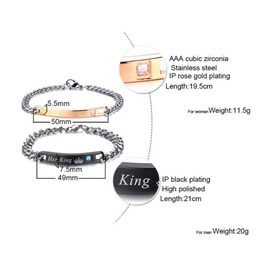 LAFATINA His Hers Couples King and Queen Matching Bracelets Set of 2 Valentine Stainless Steel Couples Her King His Queen Engraved Wedding Link Bracelet Set