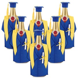 AHANDMAKER 6 Sets Wine Bottle Coat Blue Bachelor Cap & Gown Wine Bottle Cover Graduation Bottle Covers Wine Bottle Decoration for Champagne Graduation Party, Blue
