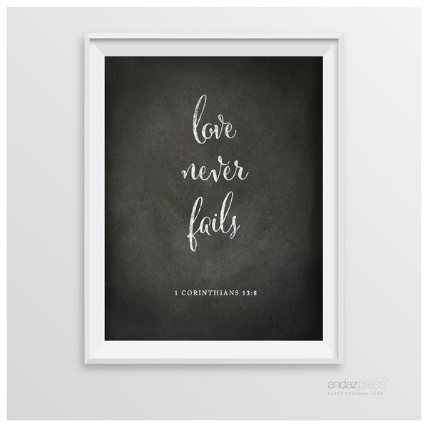 Andaz Press Biblical Wedding Signs, Vintage Chalkboard Print, 8.5-inch x 11-inch, Love Never Fails, 1 Corinthians 13:8, Bible Quotes, 1-Pack