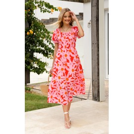 PRETTYGARDEN Women's Boho Short Sleeve Square Neck Floral Print Ruffle Tiered Maxi Dress Smocked Chiffon Flowy Summer Dress (Big Floral Pink and Red,X-Large)