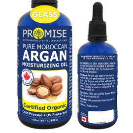 Promise Orthomolecular Nutraceuticals 100ml PURE MOROCCAN ARGAN Oil, Certified Organic, Cold Pressed + UV Protected, For Hair Skin and Nails, Made in Canada(100ml)
