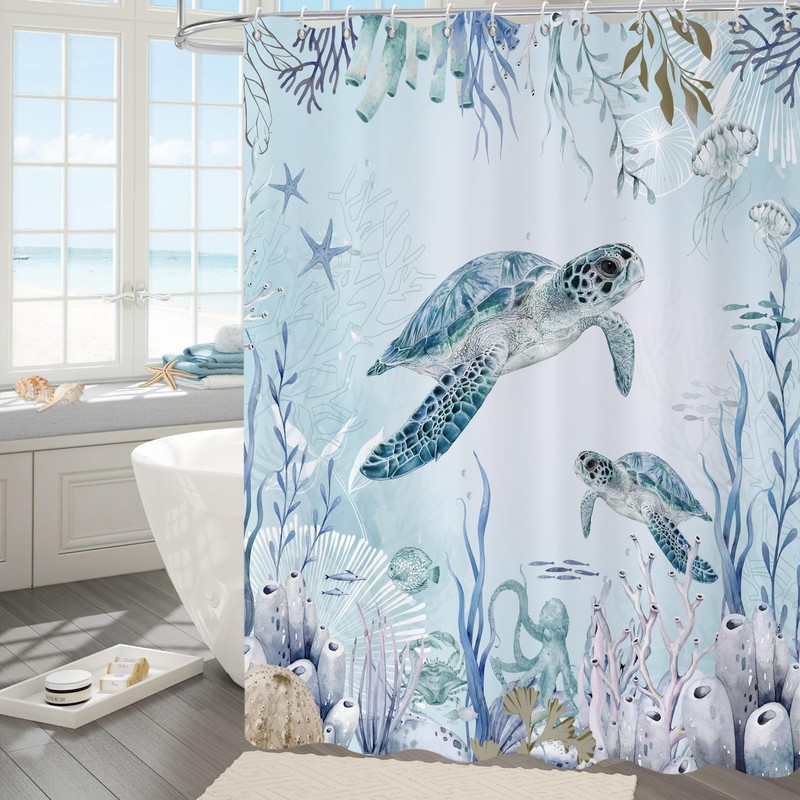 Caheansi Sea Turtle Shower Curtain, Teal Blue Ocean Beach Coastal