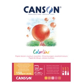 CANSON Colorline C31074P001 Coloured Drawing Paper, Double-Sided: Grained and Smooth, 150 gsm, 92 lb, Glued on the Short Side, A4 21 x 29.7 cm, 5 Different Colours, 25 Sheets