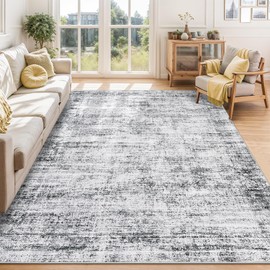 5x7 Washable Area Rugs for Living Room, Soft Vintage Distressed Large Bedroom Rug Foldable Thin Indoor Floor Carpet, Retro Abstract Non-Slip Neutral Throw Rugs for Bedroom Dining Room, Grey