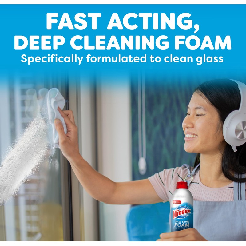 Windex Fast Shine Foam Glass Cleaner, No-Drip Aerosol Cleaning Spray,