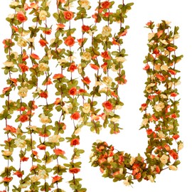 Bacucine Flower Garland 8PCS 63Ft Artificial Rose Vine Hanging Flower Vines with Green Leaves Floral Garland for Wedding Wall Arch Party Decor (Champagne Orange)