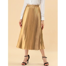 Allegra K Women's Elastic Waist Party Metallic Shiny Accordion Pleated Midi Skirt Gold M-12