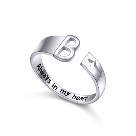 FLYOW 925 Sterling Silver Stacking Initial Letter and Lucky Star Ring Alphabet Adjustable Open Rings Engraved Always in my heart, Great Gift for Women Teens, Metal, Cubic Zirconia