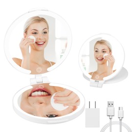 osteplus Travel Magnifying Mirror with 3 Colors Light, 7'' 1X/10X Makeup Mirror for Pocket, Travel, Rechargeable Portable 2-Sided Mirror with Touch Dimming for Girls,Women by White
