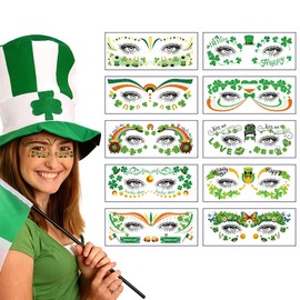 10 Sheets St.Patrick's Day Face Temporary Tattoos Green Shamrock Temporary Tattoo Stickers for Women Men in Party Favors Supplies Irish St Patricks Day Decorations Accessories