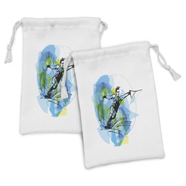 Ambesonne Sports Fabric Pouch Set of 2, Man Athlete Water Skiing Energic Exotic Hobby Activity Image, Small Drawstring Bag for Toiletries Masks and Favors, 9" x 6", Blue Black