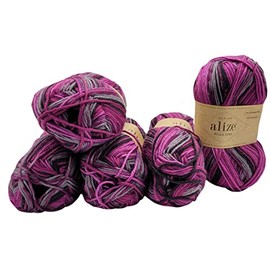 5 x 100 g Ilkadim Export Wooltime Sock Wool, Multicoloured, 75% Superwash Wool, 500 g Knitting Wool for Knitting Socks and Stockings (Black Purple Grey 11018)