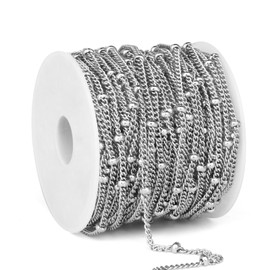 33 Feet Stainless Steel Satellite Curb Chain Roll, 2mm 304 Stainless Steel Ball Beaded Twisted Link Chains Spool Bulk for Jewelry Making DIY Craft