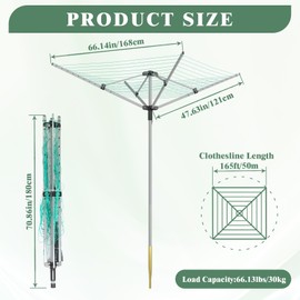 FWTRMRC Outdoor Umbrella Drying Rack 165 Feet Umbrella Clothesline with 12 Lines Rotary Drying Rack Adjustable Height 4-Arm Foldable Clothes Drying Rack with Protective Cover for Backyard- Green