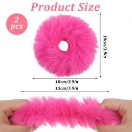 2 Pcs Pom Pom Hair Tie, Fuzzy Furry Faux Rabbit Fur Scrunchies Baby Hair Ties Ponytail Holders Plush Hairs Accessories for Girls Women (Hot Pink)