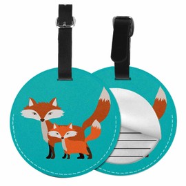 TKS MITLAN 1 Pack Cartoon Fox PU Leather Travel Cruise Luggage Tag Two Cute Orange Foxes Animal Baggage Bag Backpack Instrument with Privacy Flap Name ID Label for Women Men Girls Suitcase(Round)