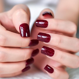 ELEVENAIL Glossy Press on Nails Shimmery Red Fake Nails Medium Length Squoval False Nail Art Tips Reusable Acrylic Finger Nails Gifts for Women Girls