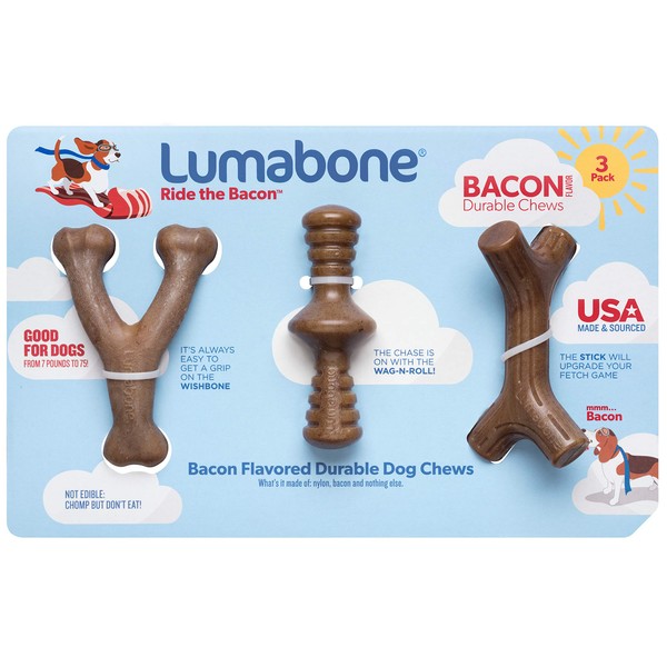 Lumabone Real Bacon Medium 3-Pack Durable Dog Chew Toys for