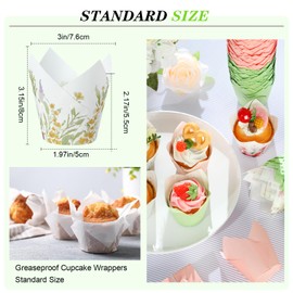 Havawish 500 Pcs Spring Tulip Cupcake Liners Flower Baking Cups Muffin Liners Greaseproof Cupcake Wrapper in Standard Size Tulip Paper Baking Cup for Wedding Birthday Baby Shower Party(Floral Style)