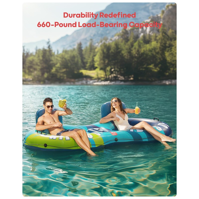 QPAU Inflatable Double River Tube, 2 Person 660lb Capacity, Puncture-Resistant